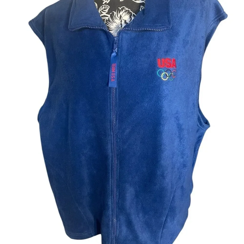 Vintage Authentic Team USA Olympic Committee Full Zip Blue Fleece Vest Size XXL